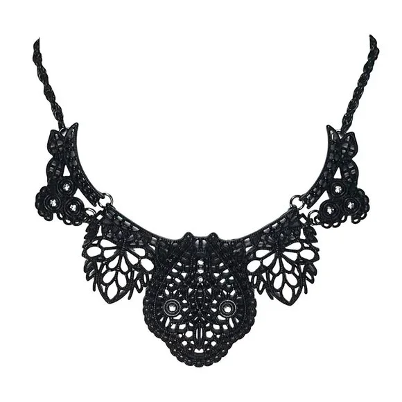 Stylized Swooping Bird Japanned Black Filagree Metal and Rhinestone Bib Necklace - Picture 1 of 5